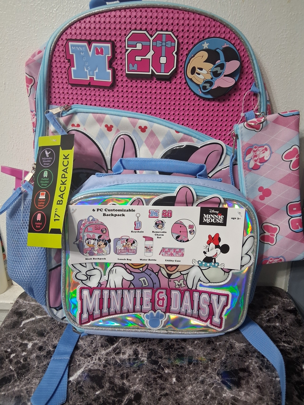 NWT'S Minnie & Daisy 6 PC Kids 17" Pink and Blue Backpack Set